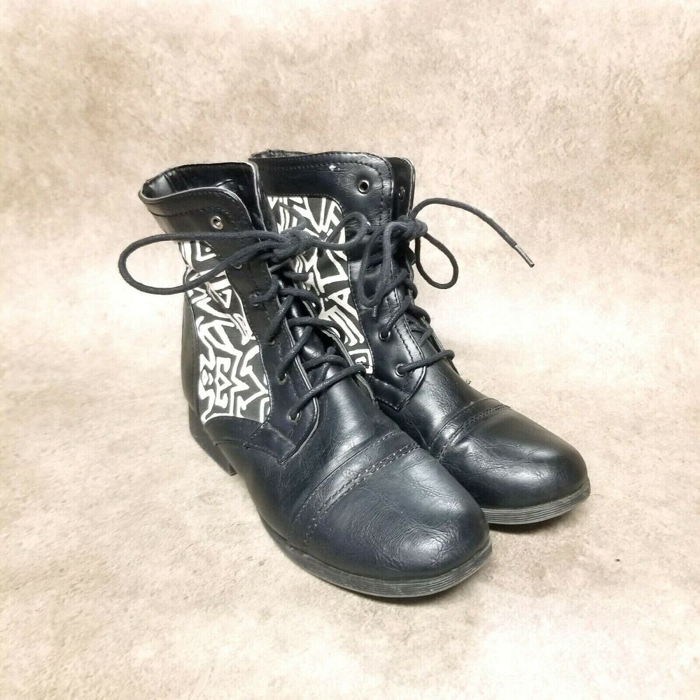 Charlotte Russe Womens  614882 Size 7 Black  Lace Up Aztec Fashion Combat Boots